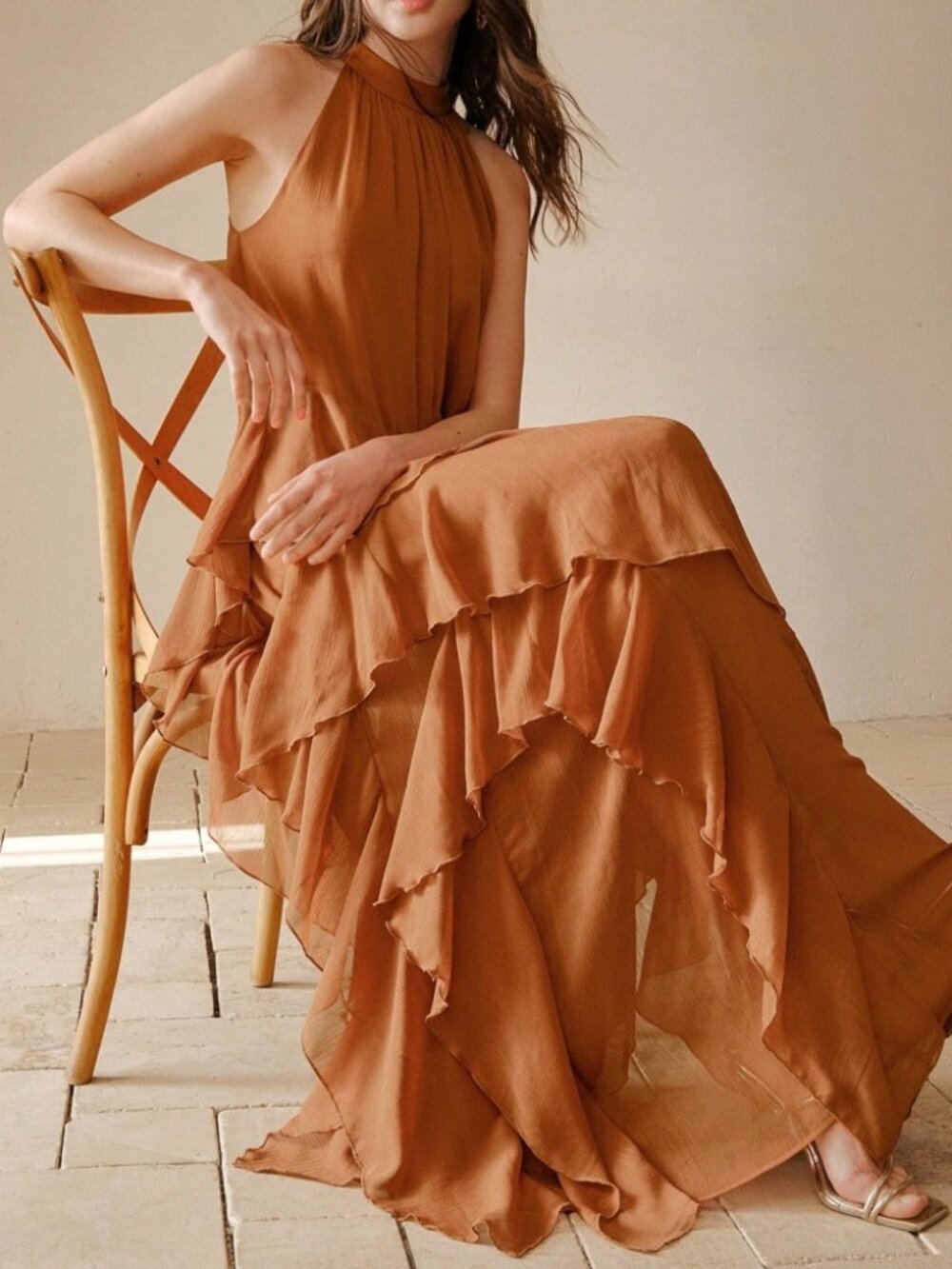 Rust Orange Halter Maxi Dress with Tiered Ruffle Hem